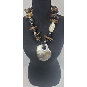 Coconut Shell Abalone Pendant Necklace Wood Bead Boho Tribal Statement